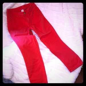 Cache red crystal studded denim crop jeans